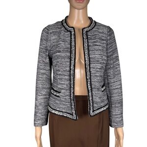 Talbots Tweed Open Front Fringe Trim Cotton Wool Blend Blazer Size P Petite